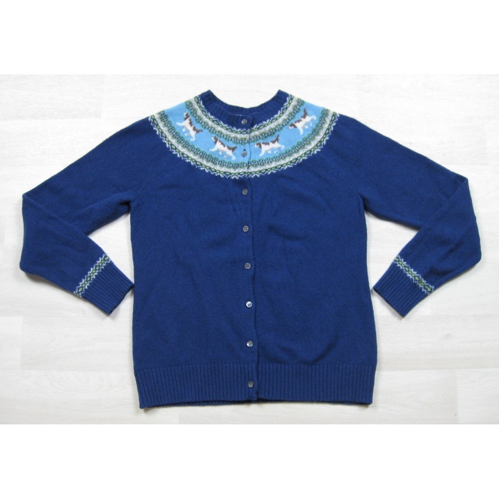 Vintage 90s LL Bean Lambswool Fair Isle Cardigan Sweater (L) Novelty Dog Print